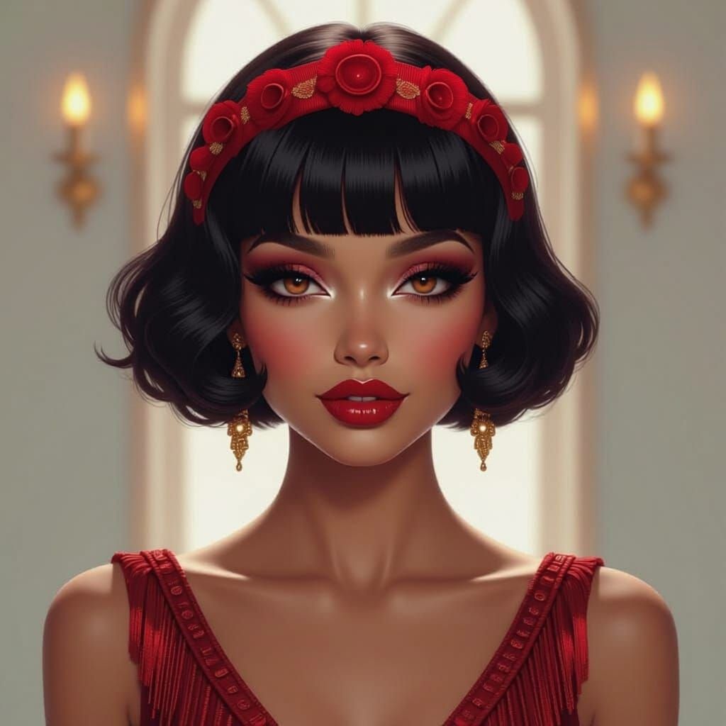 1920s Woman with Ruby Bangs and Crimson Dress