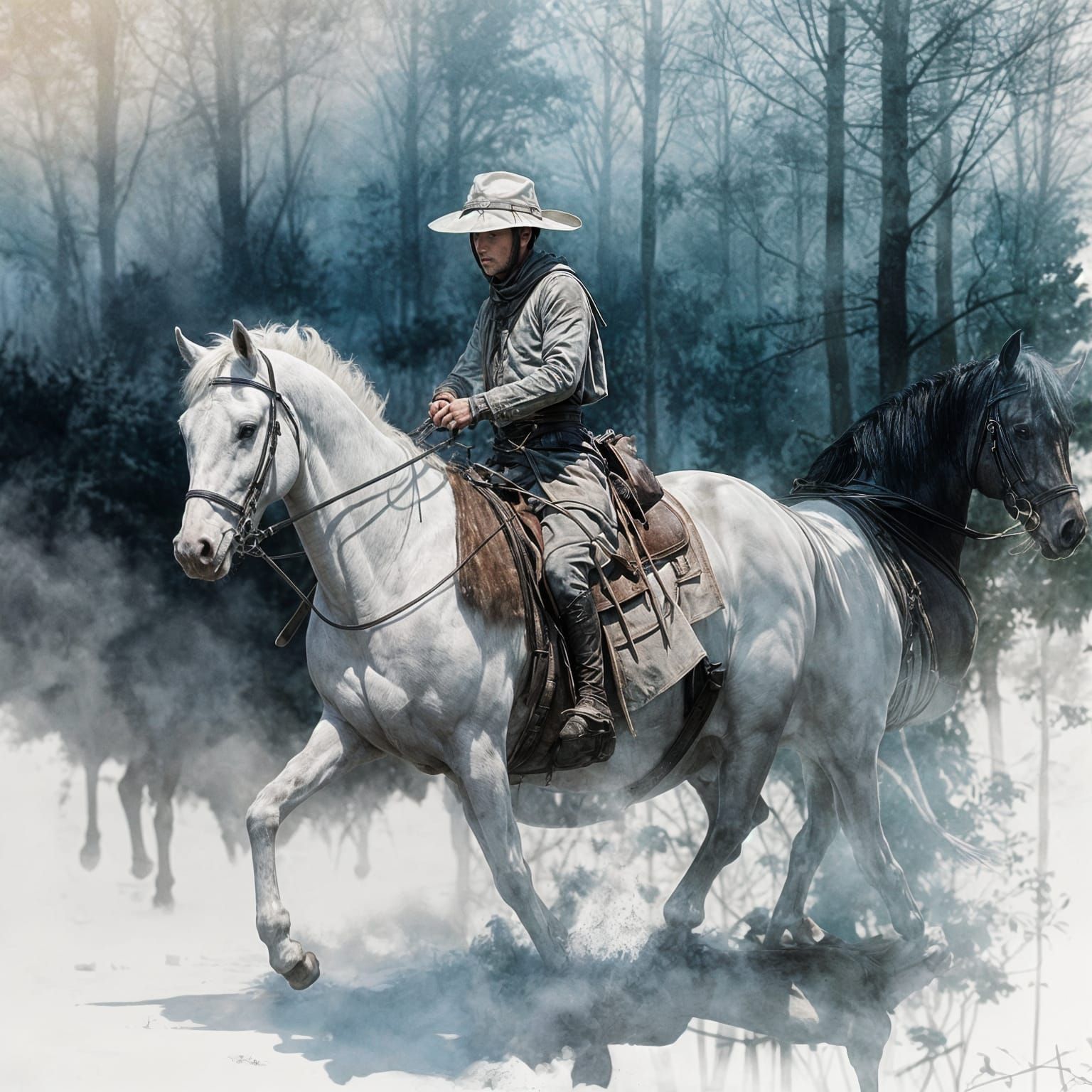 Ethereal Rider on White Horse in Misty Forest