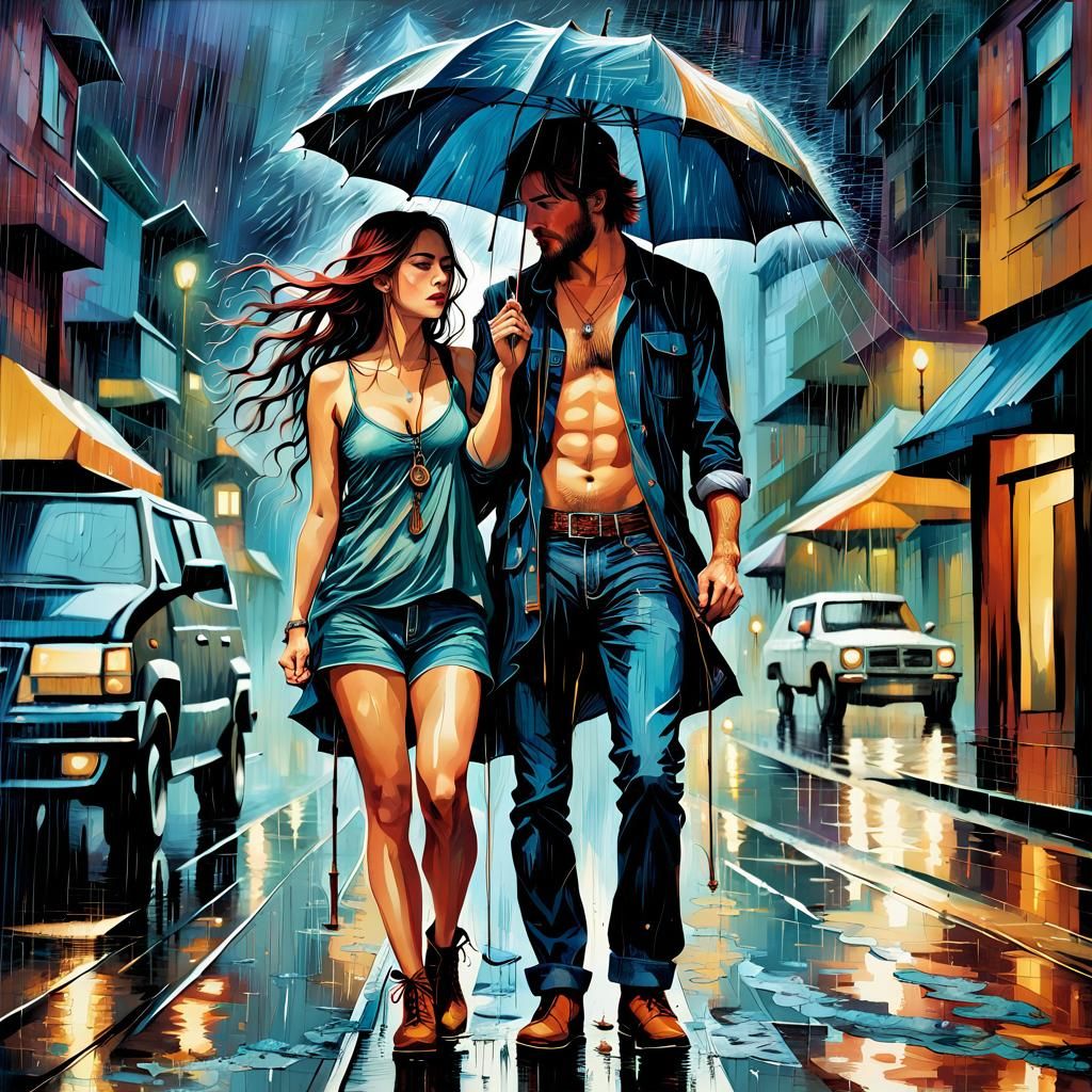 Hippie Couple in Rainy Twilight: Surrealist Art