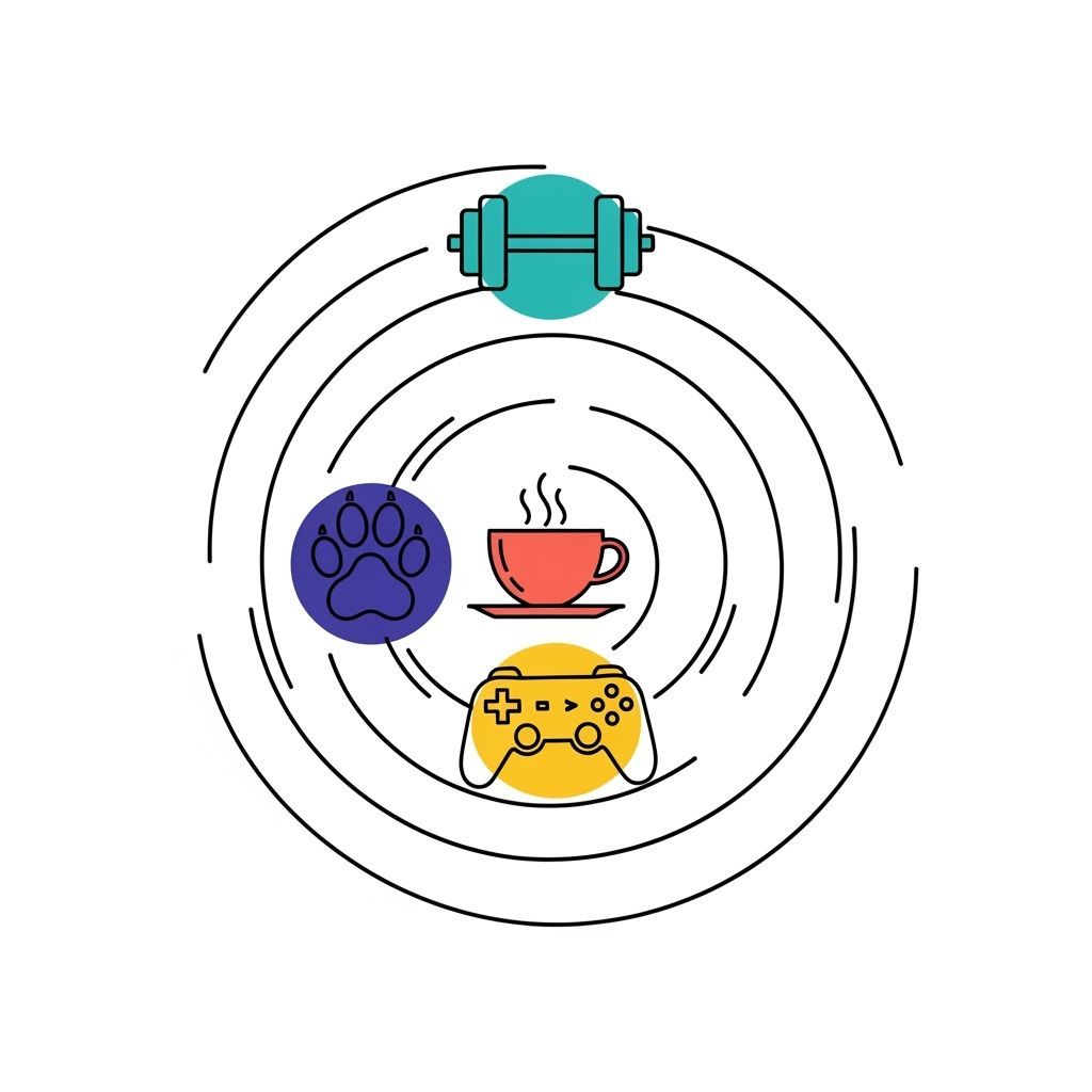 Minimalist Geometric Design with Paw, Coffee, Game, Dumbbell