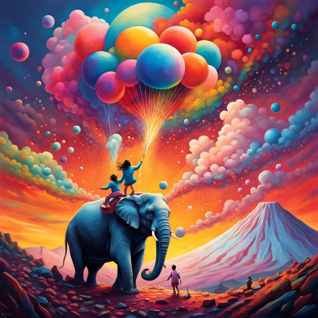 Girl Skiing Down Volcano in Graffiti Art Style