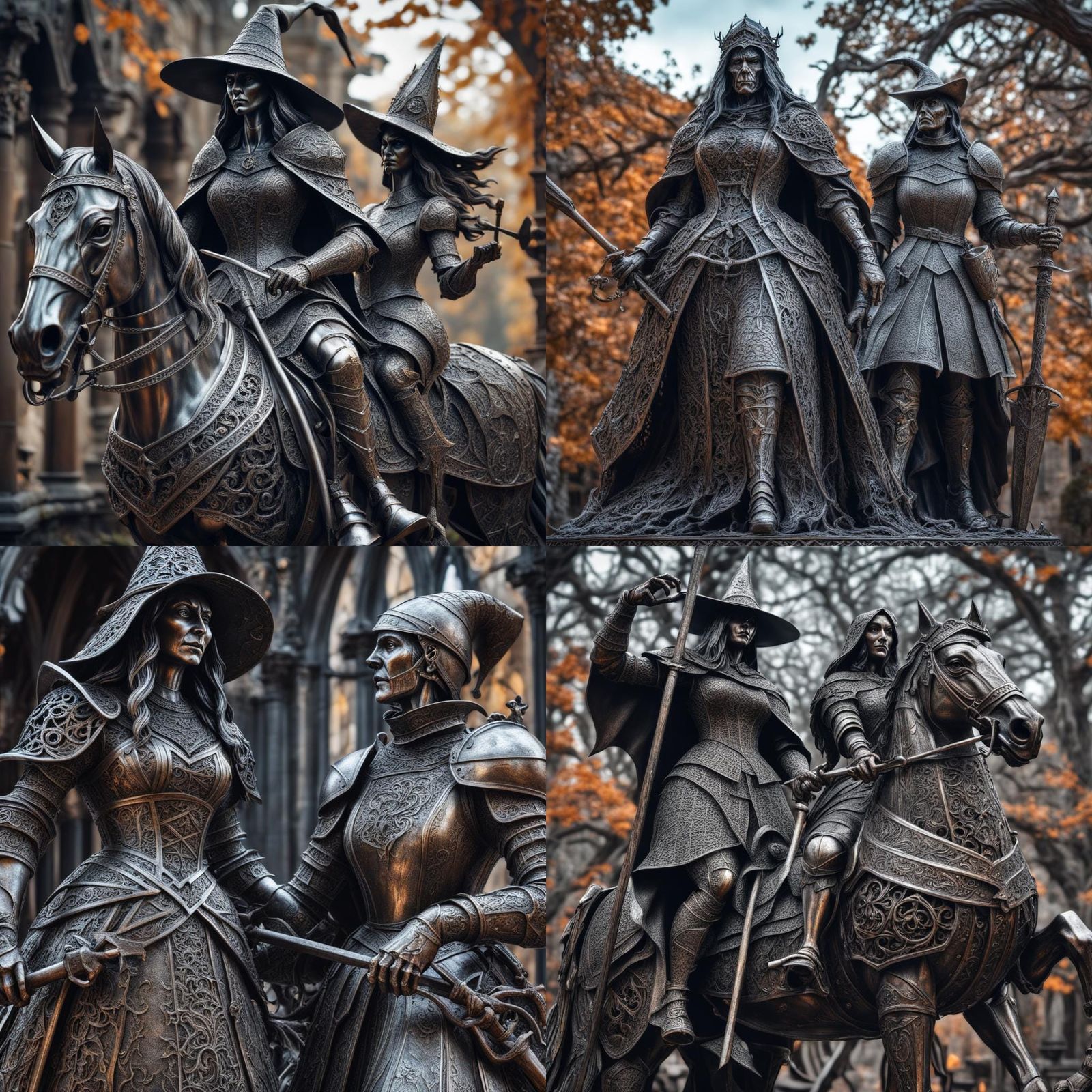 Intricate Metal Sculpture of a Witch and Knight