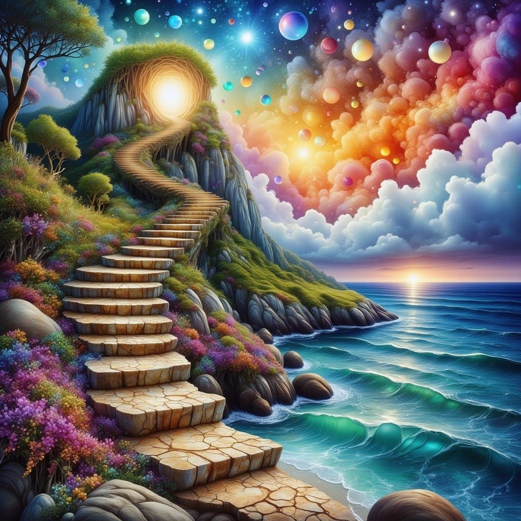 Enchanted Staircase to Sky: Dreamy Watercolor Landscape