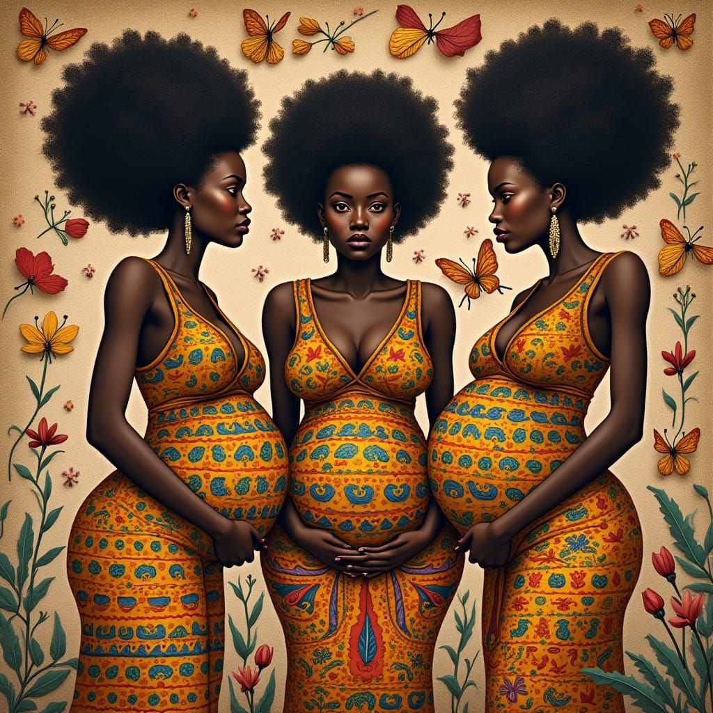 Orunai Mothers Conjoined in Whimsical Tapestry Style