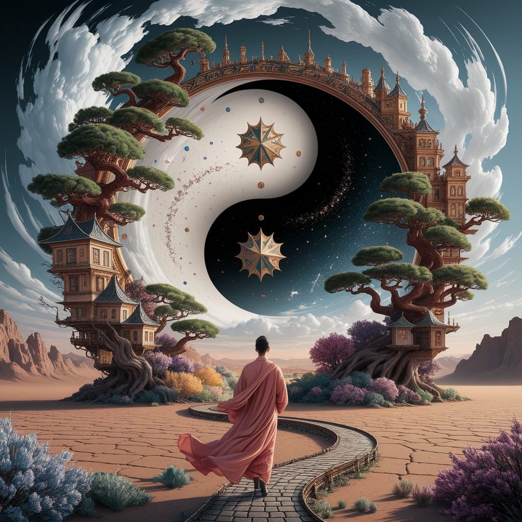 Fractured Yin-Yang Star Gate with Bonsai and Victorian Homes