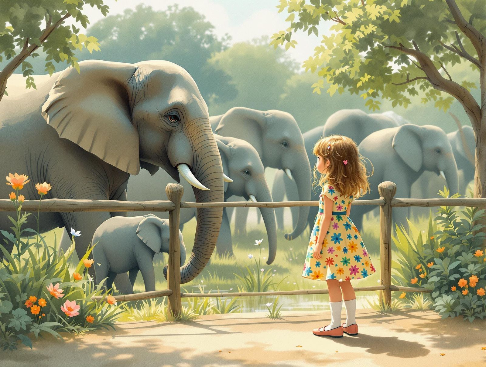 Girl Watches Elephants in Whimsical Illustration Style
