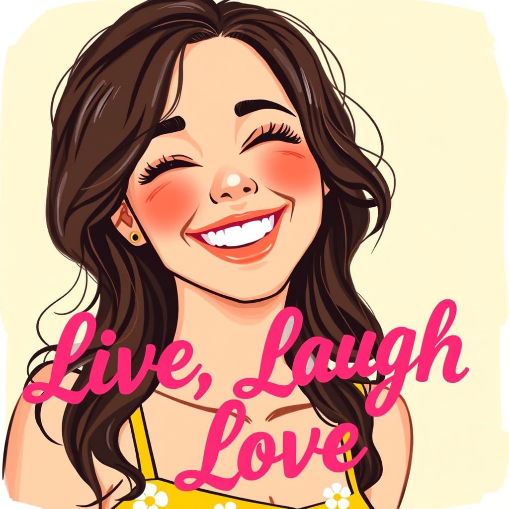 Joyful Woman in Whimsical Yellow Sundress with Hot Pink Typo...