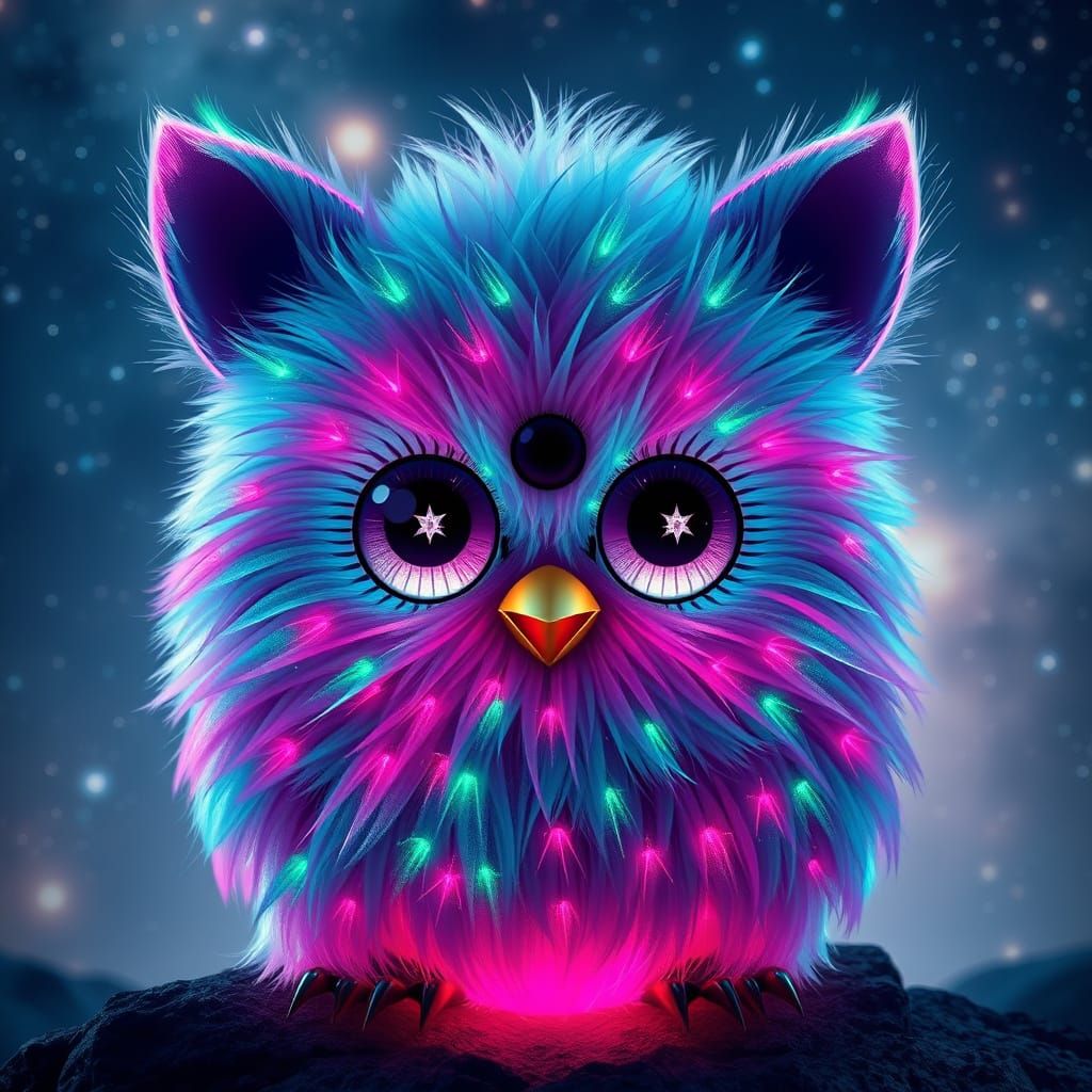 Futuristic Furby with Aurora Borealis Fur, Digital Art