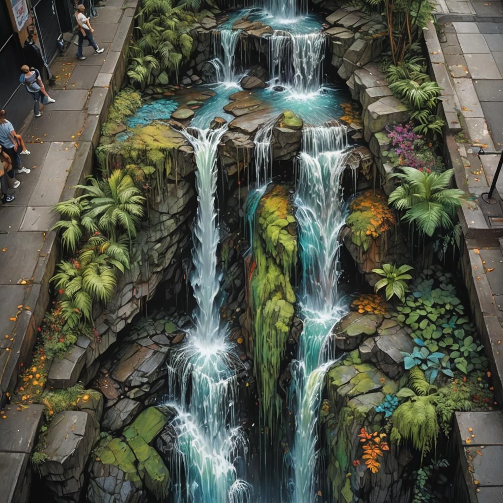 Waterfall Optical Illusion Chalk Art