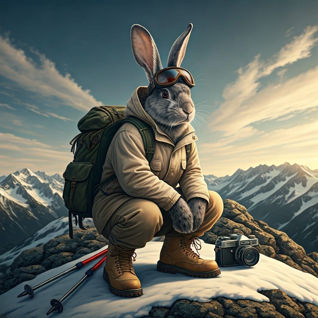 A Determined Gray Rabbit in Expedition Gear