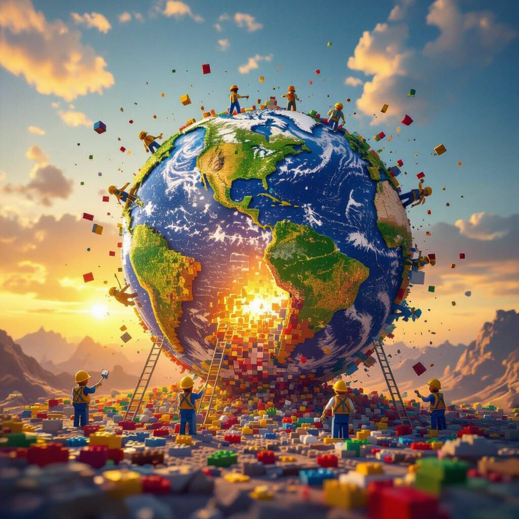 Earth Rebuilt From Colorful LEGO Bricks in Sunrise Light