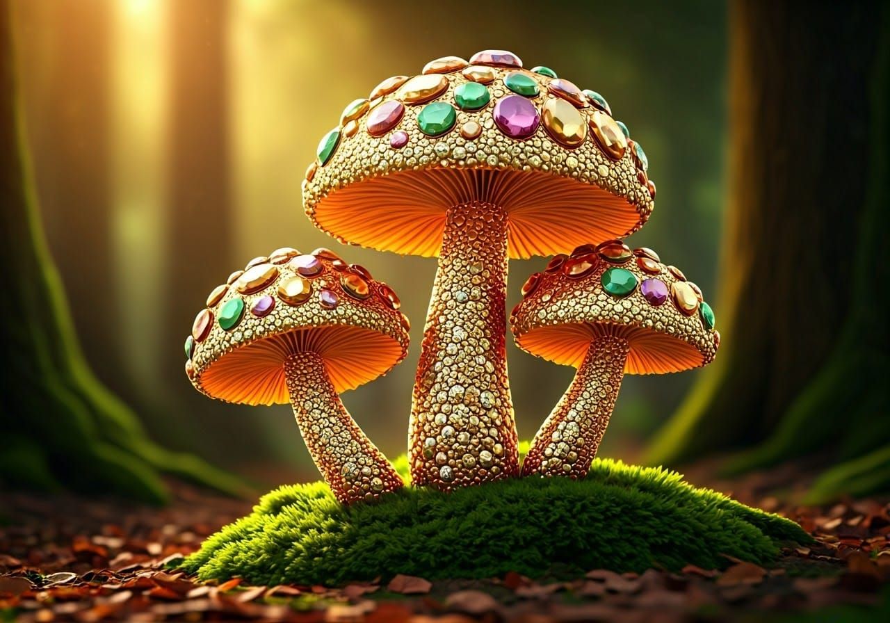 Mystical Forest Scene with Gemstone Mushrooms