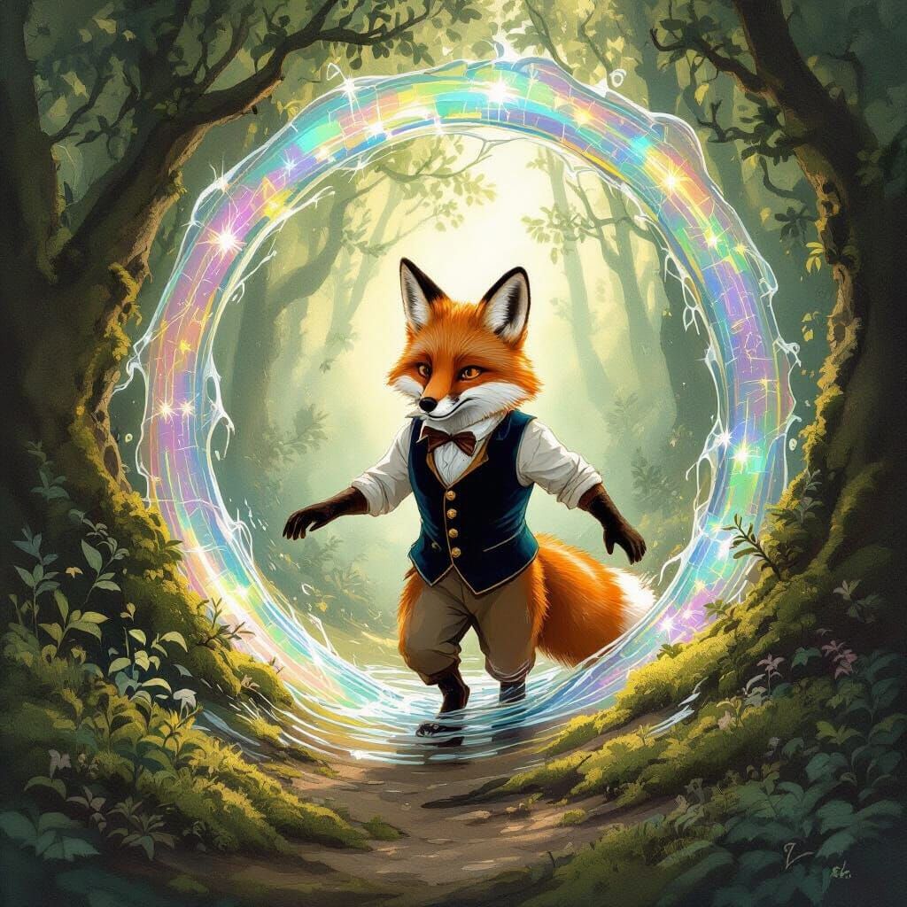 Fox Stepping Through Iridescent Portal