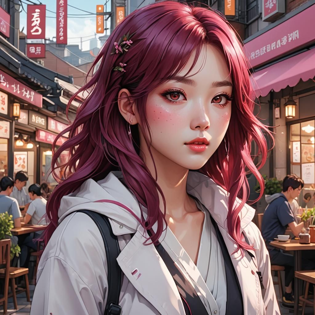Korean Manga Style Girl with Burgundy Hair