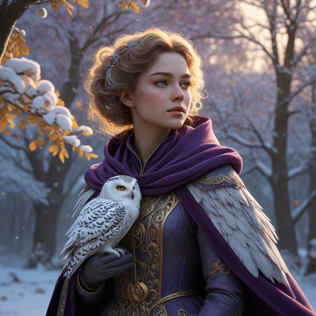 Elegant Farm Lady with Majestic Snowy Owl in Winter Wonderla...