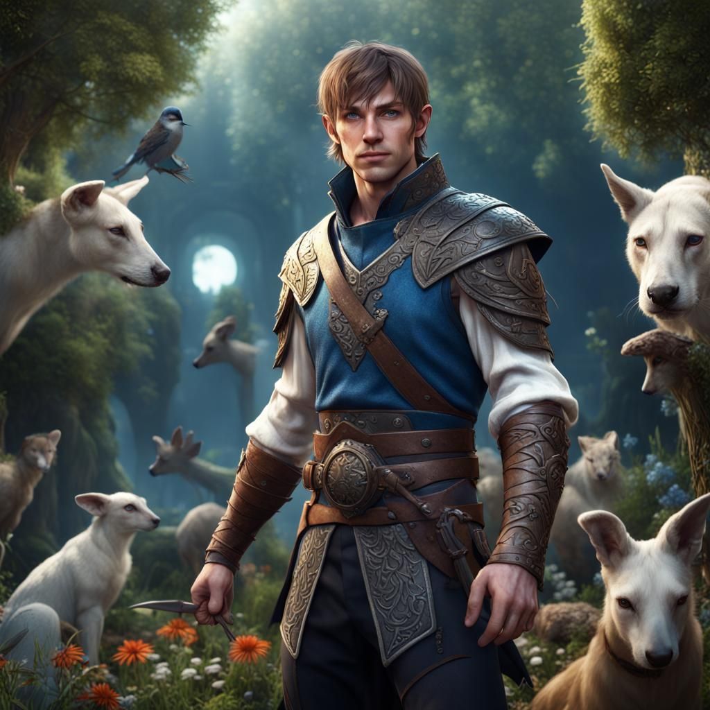 Half-Elf Fighter in a Fantastical Garden