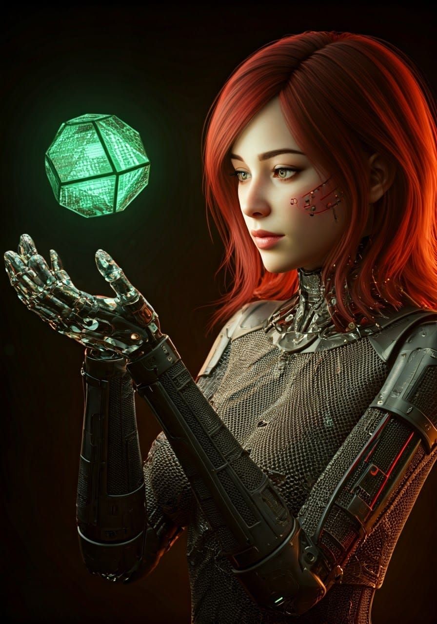 Strawberry Cyborg Gazing at Octahedron in Digital World