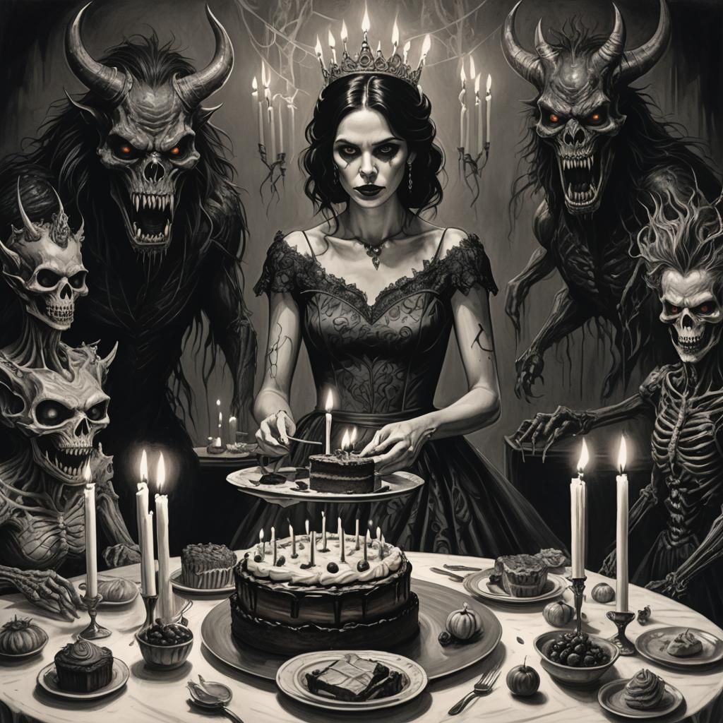 Dark Haired Woman's Birthday Party with Nightmare Creatures