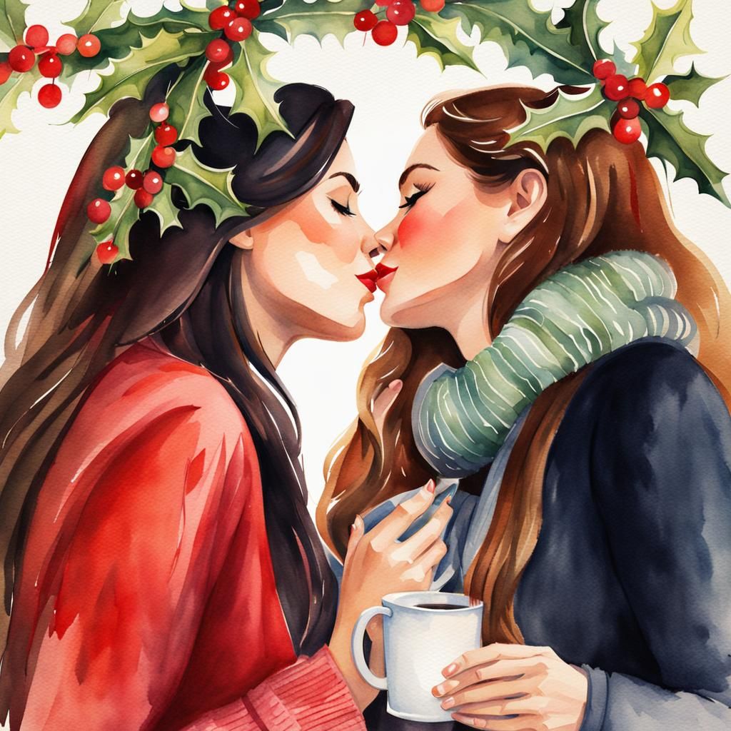 Women Kissing Under Mistletoe: Watercolor Concept Art