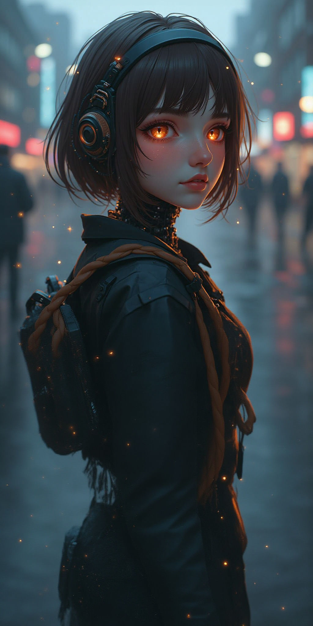 Cyborg Tomboy with Glowing Eyes in Cyberpunk City