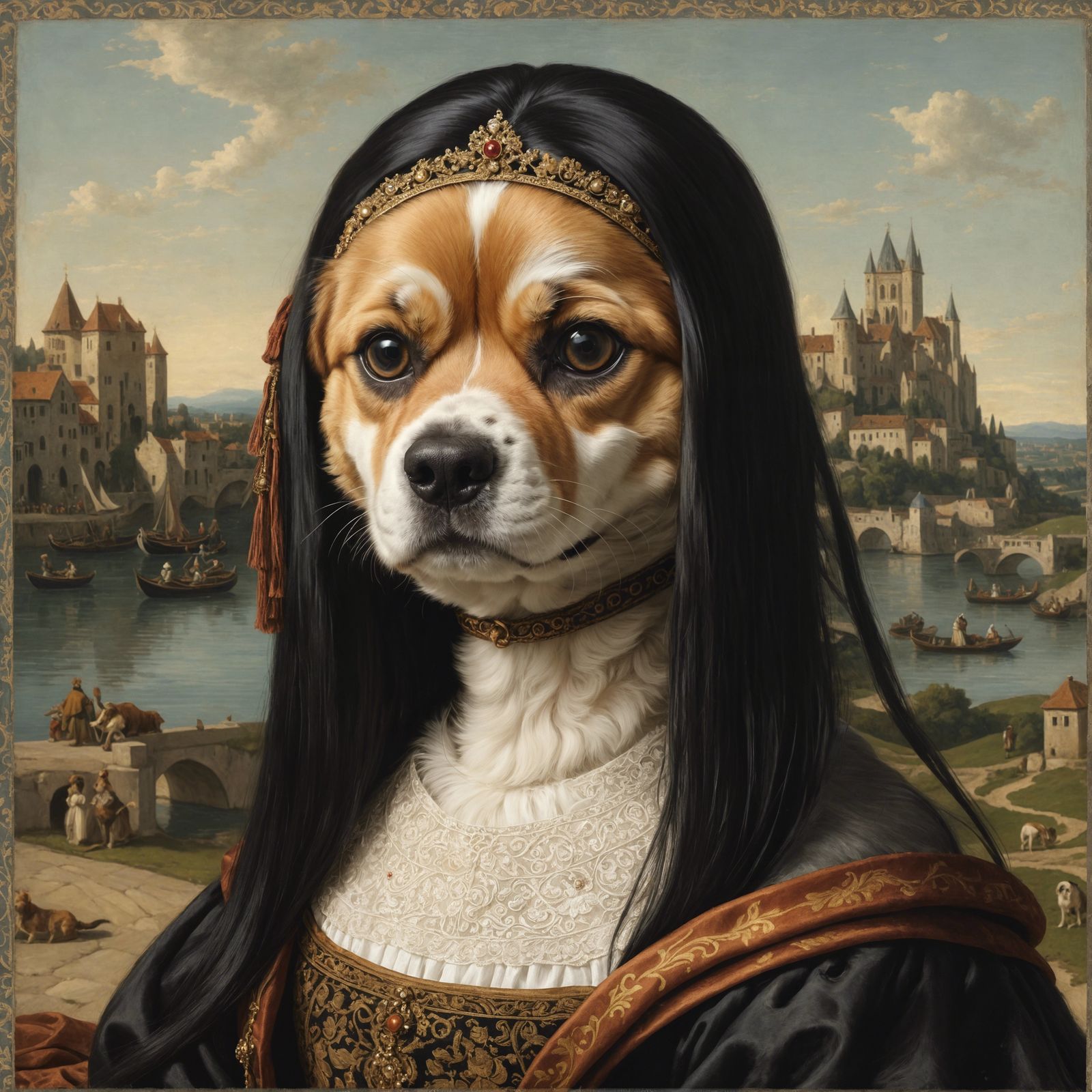 Charming Cartoon Dog Reinterprets Mona Lisa as Oil Painting