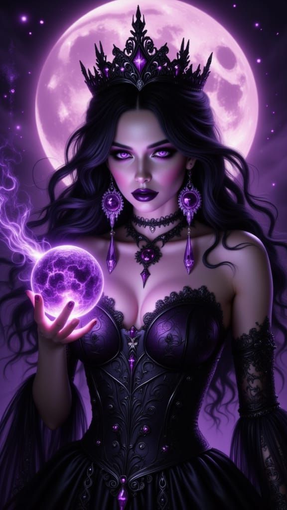Dark Sorceress with Crystal Orb Under Pink Moon