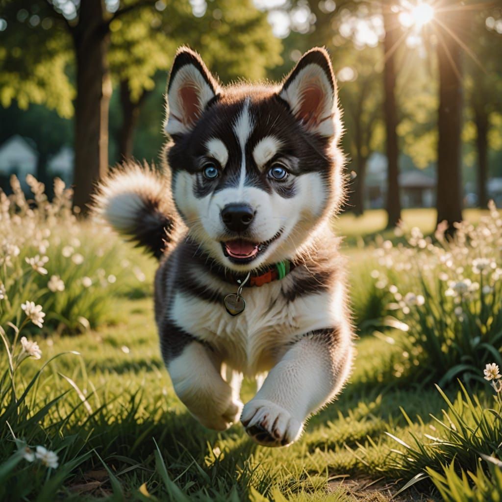 Cute Husky Puppy Runs in Sunny Meadow