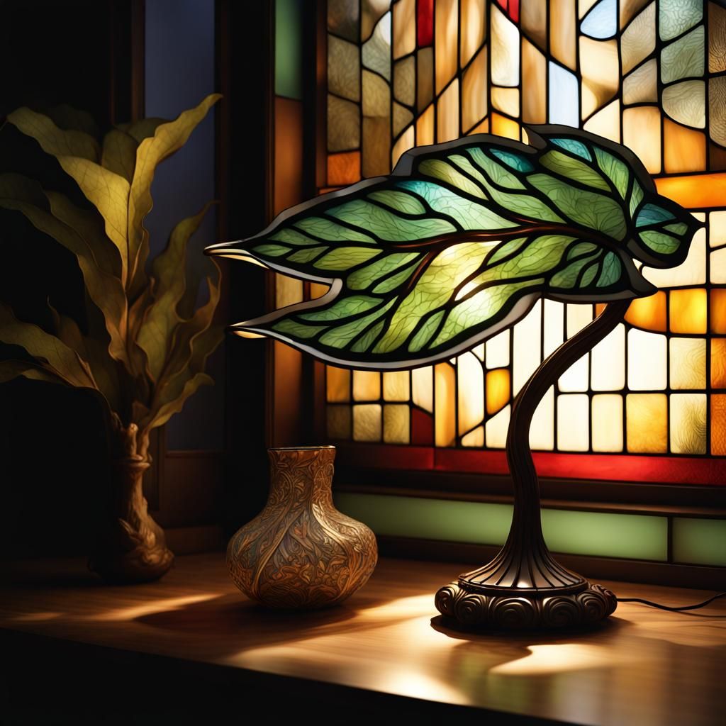 Stained Glass Leaf Lamp with Double Exposure Motifs