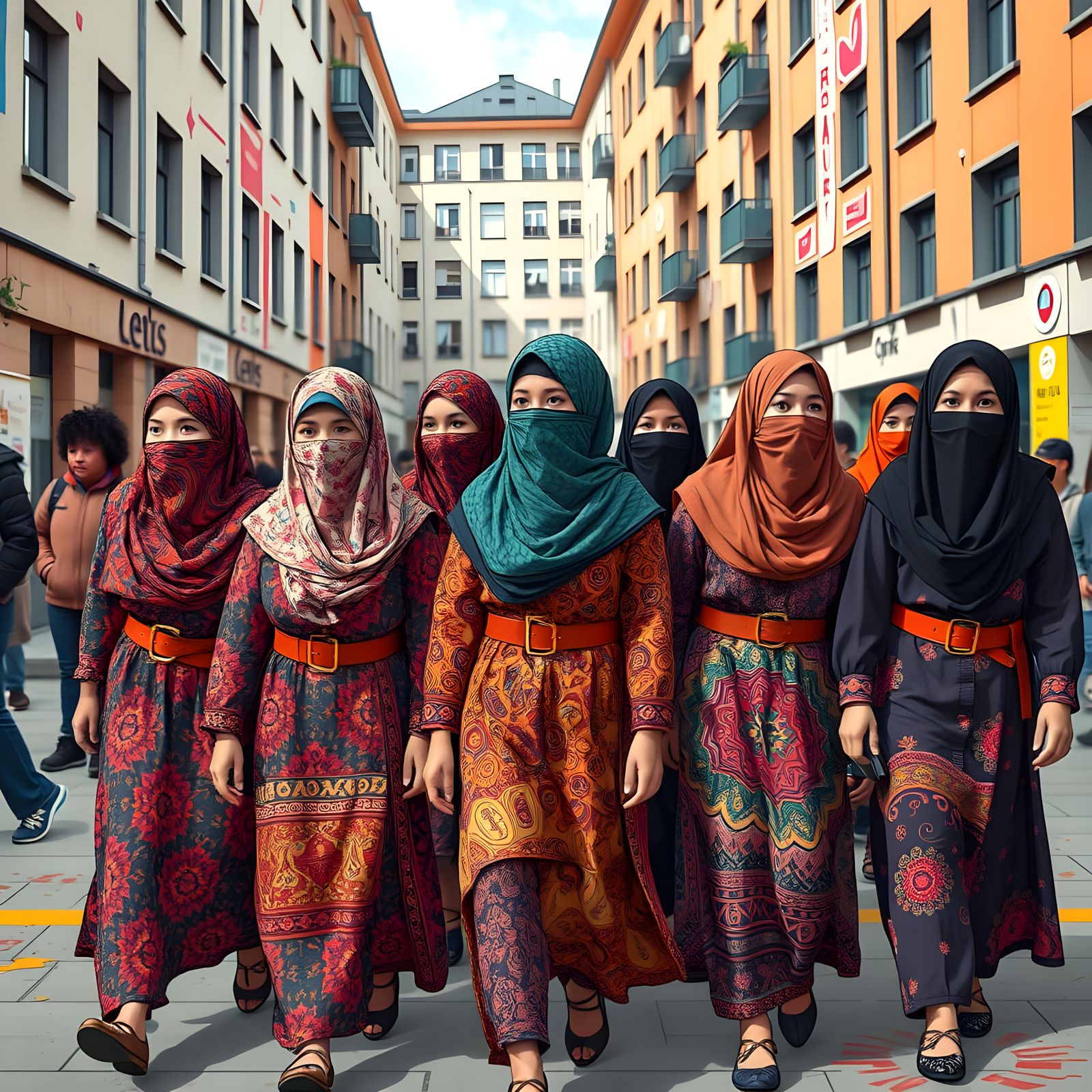 Muslim Girls in Burqas Walk School Yard