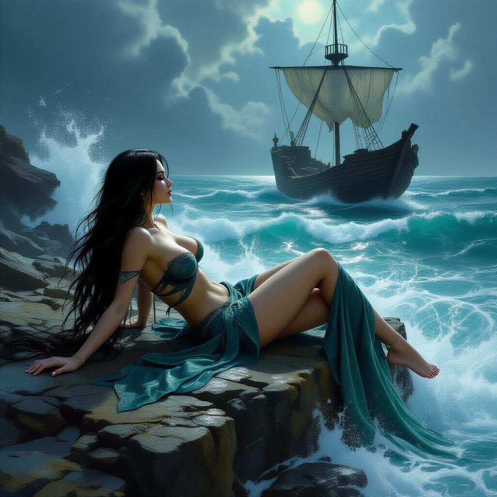 Dark Fantasy Siren on a Cliff