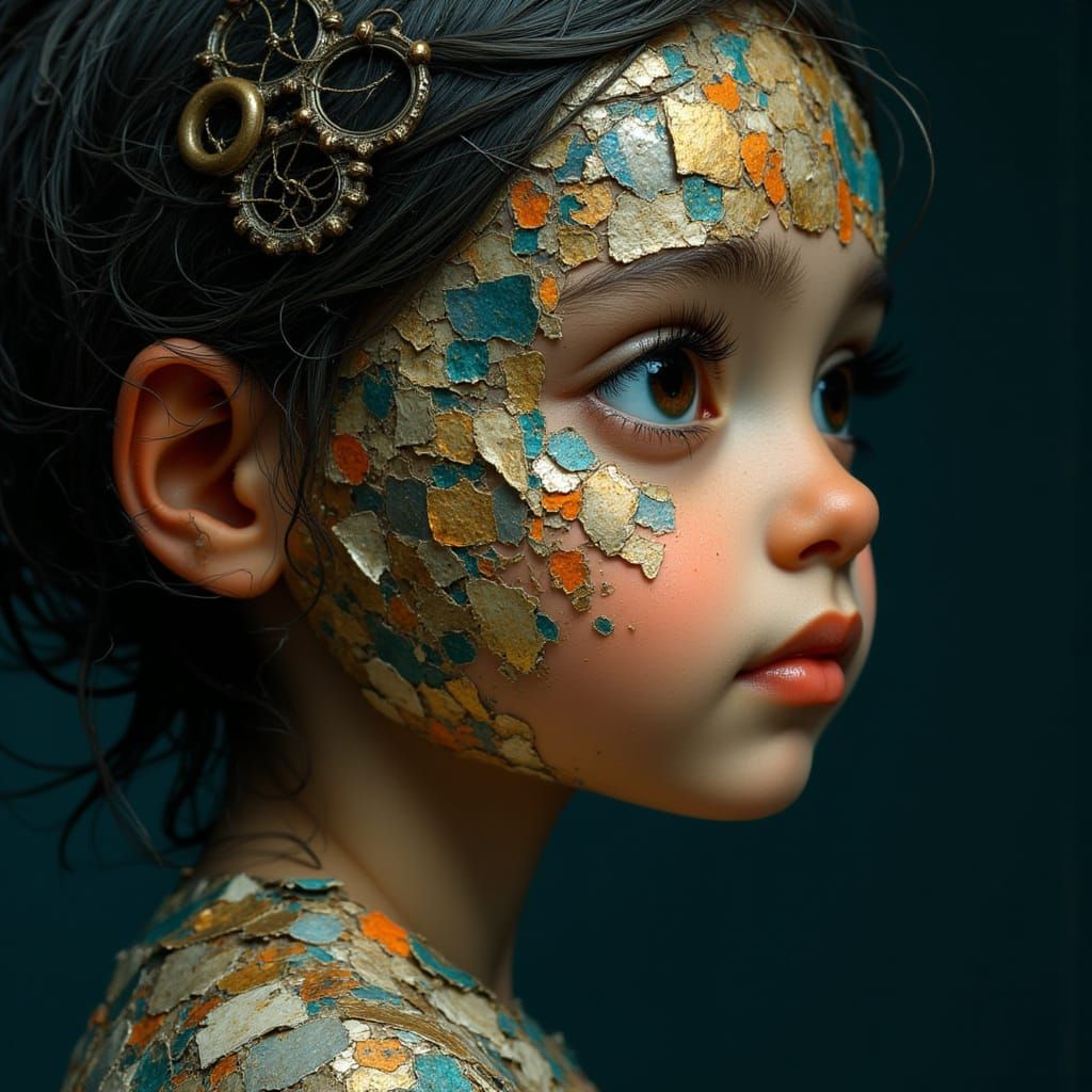 Surreal Toddler Portrait with Paper Mosaic Face