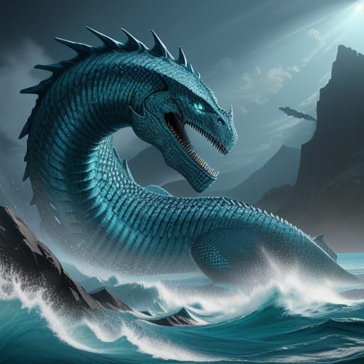 Hyperrealistic Sea Serpent God in Splendid Oceanic Scenery