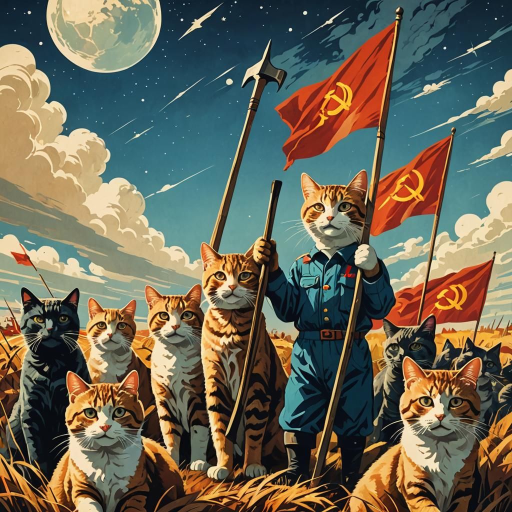 Soviet Farm Propaganda Poster Featuring Cats