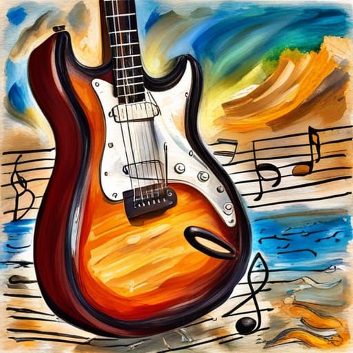 Guitar and Notes in Gouache Watercolor Style