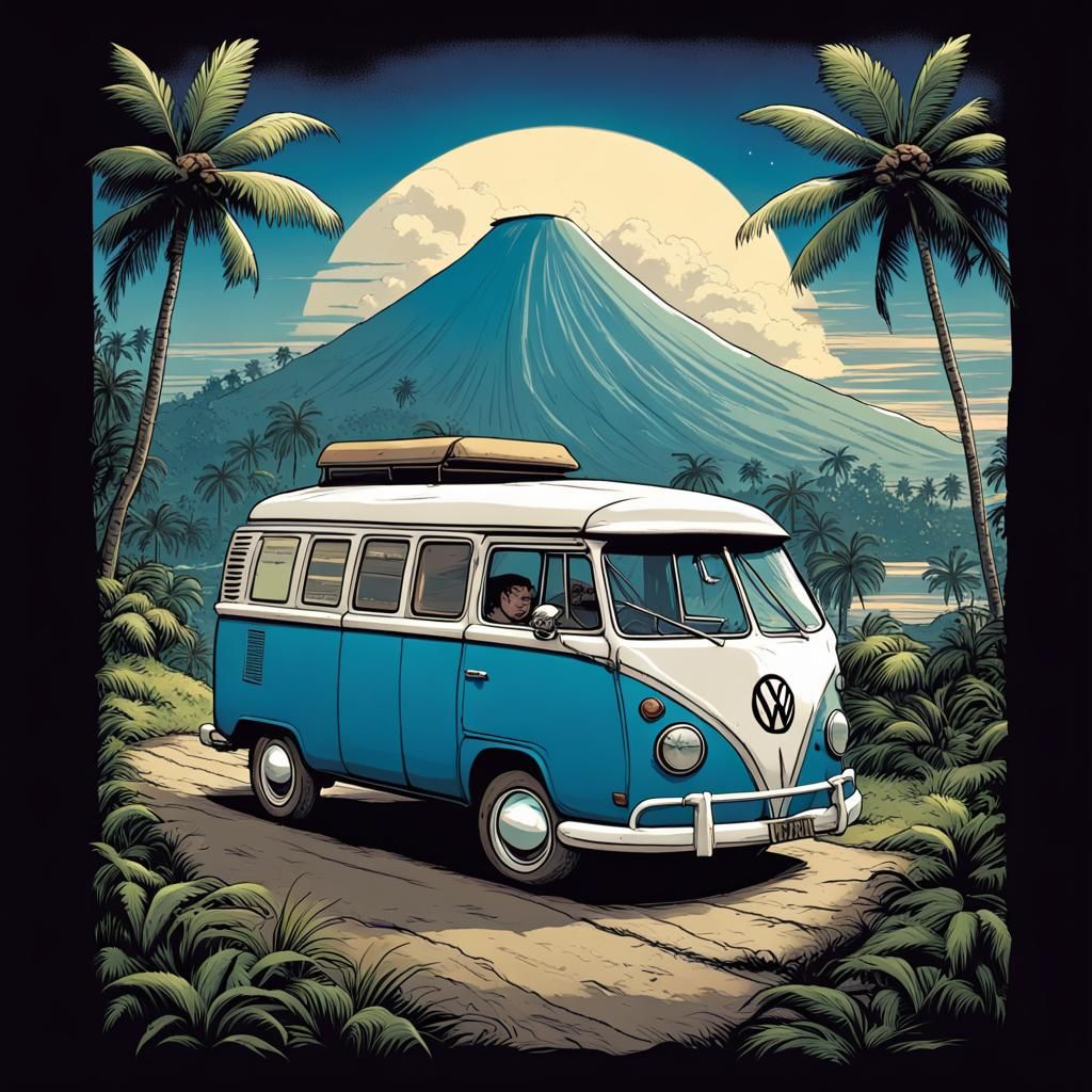 VW Van in Bali: Comic Book Style T-Shirt Design