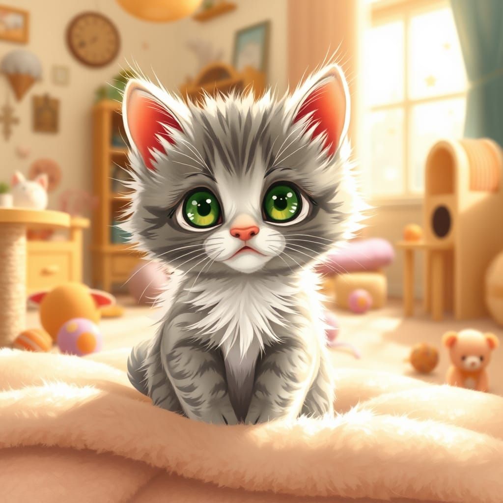 Cute Kitten in Kawaii Style with Pastel Colors