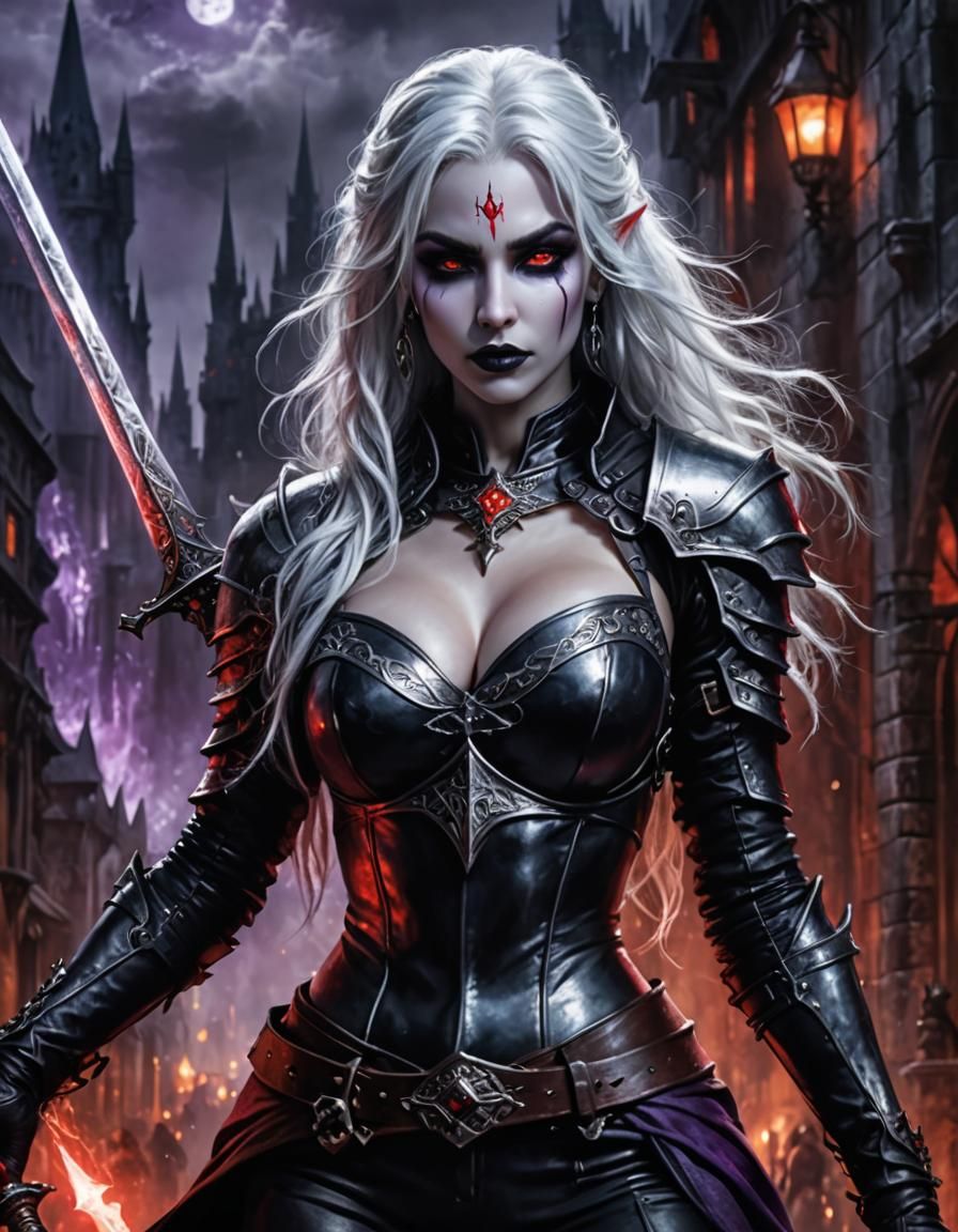 Photo in the style of Luis Royo, 8k, of female drow, red eyes, grey skin, white hair, glossy lips, heavy makeup, tight l...