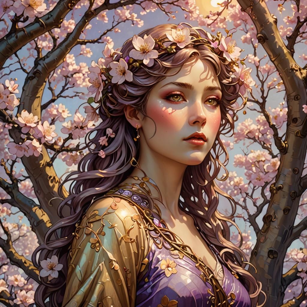 Dryad Emerges from Cherry Blossoms: Art Nouveau