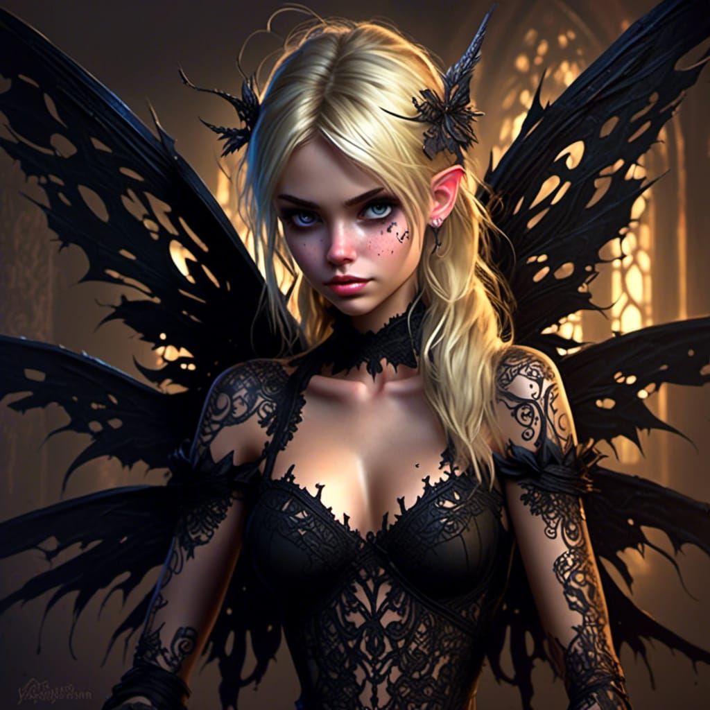 Gothic Tinkerbell with Runic Tattoos in Dark Fantasy Style
