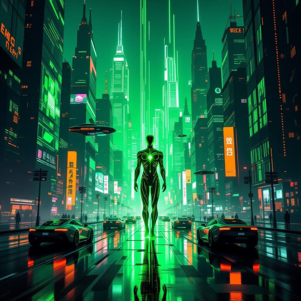 Futuristic Cityscape with Neon Lights and Humanoid Figure