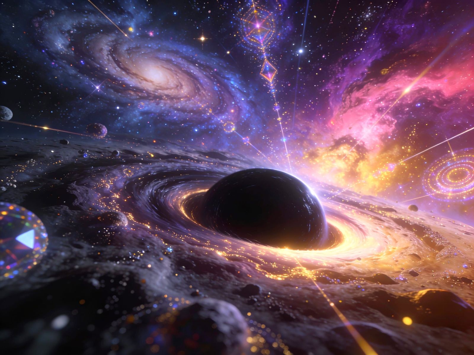 Black Hole Amidst Galaxies in Volumetric Kaleidoscope Light