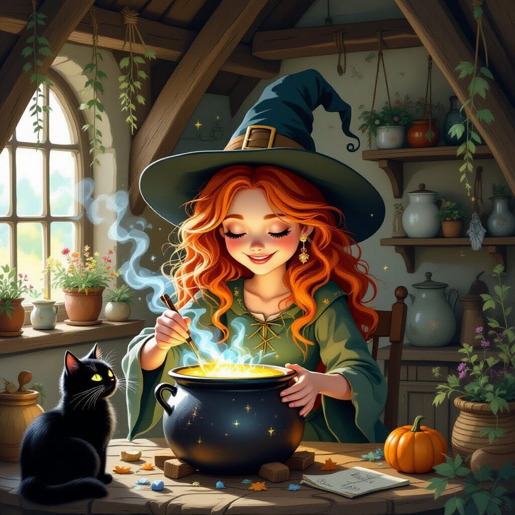 Whimsical Witch Brews Magic in Cozy Cottage