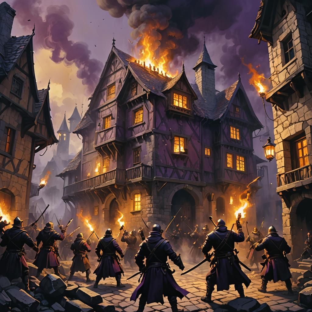 Medieval Mob Storming House: Gothic Dark Fantasy Art