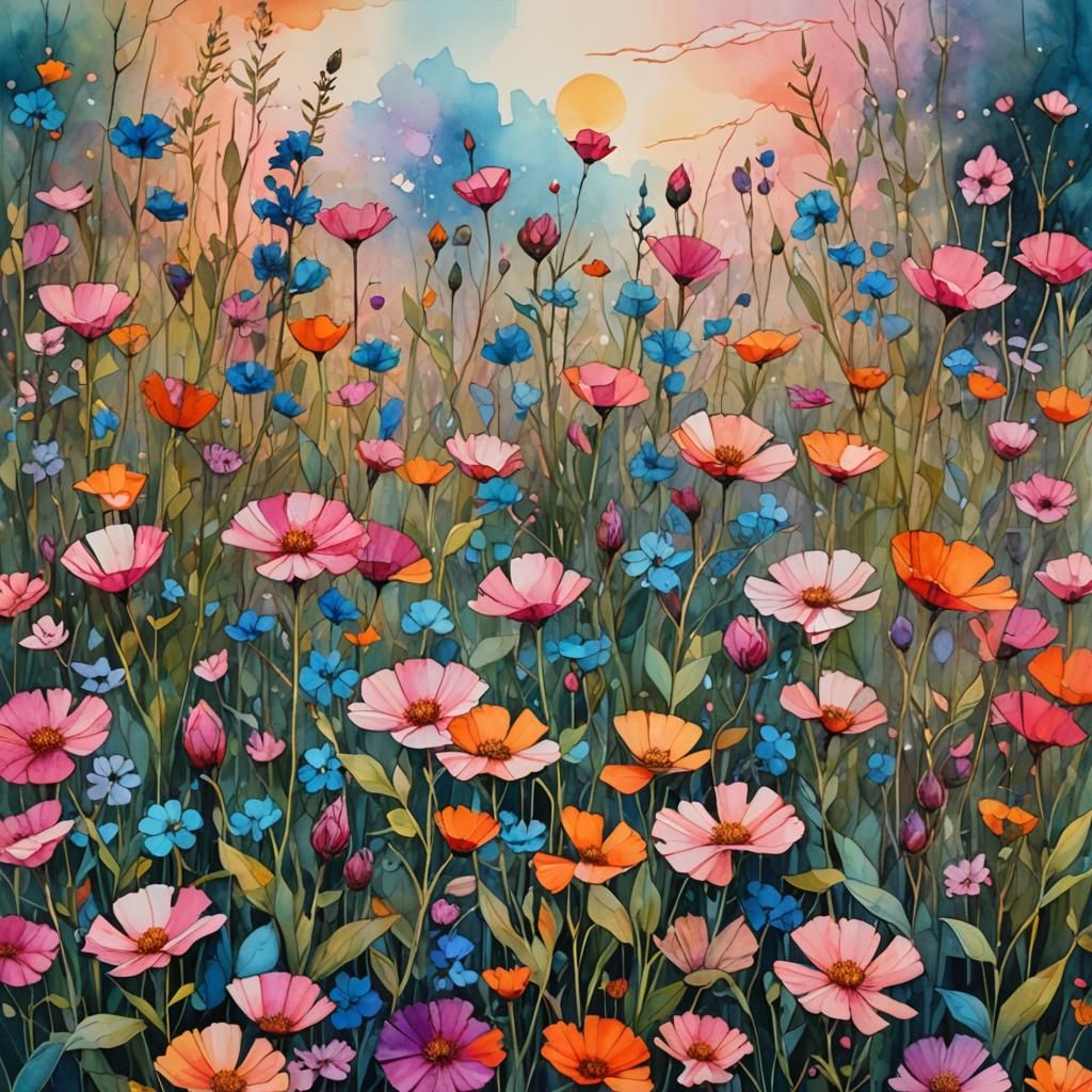 Sunrise Wildflower Meadow in Alcohol Ink Style