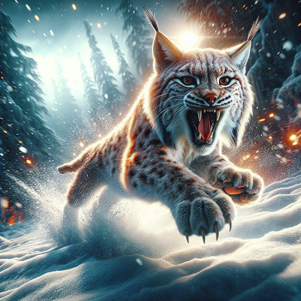 Lynx Mid-Pounce in Snowy Habitat