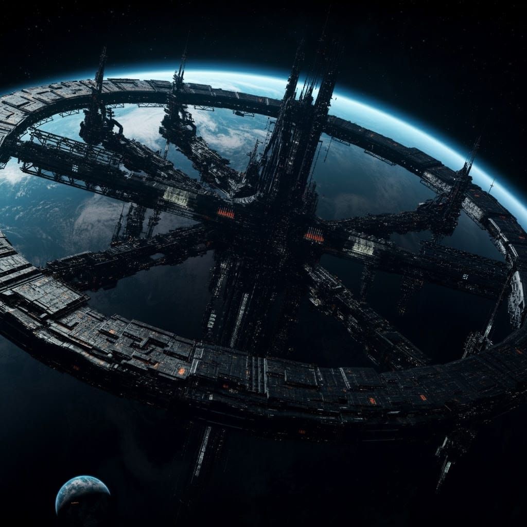 Sci-Fi Orbital Shipyard in Distressed Film Style