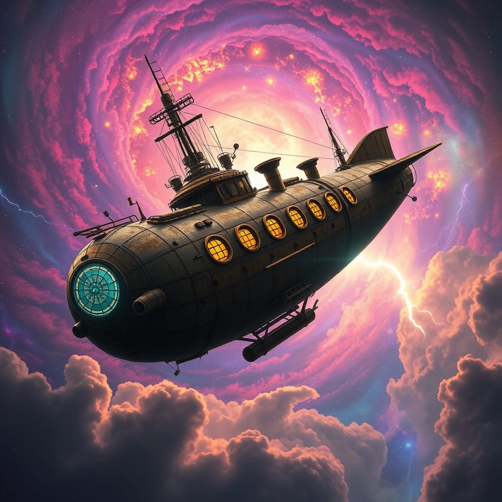 Airship in Steampunk Style Nebula Sky