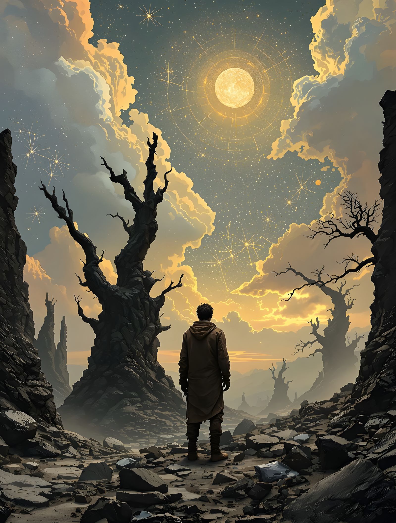 Surreal Petrified Forest Under Fractured Sky