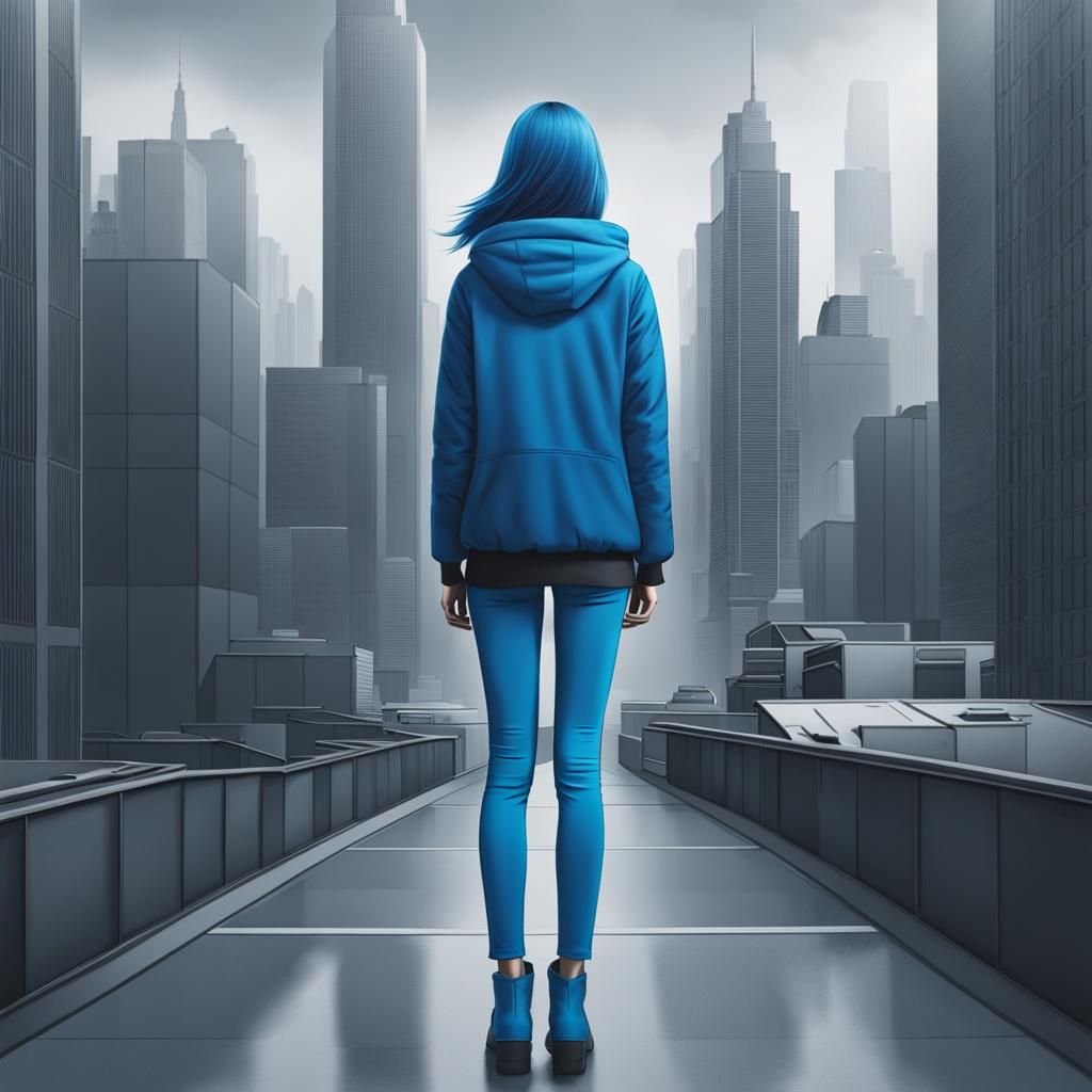 Lonely Blue Girl in a Grey Cityscape