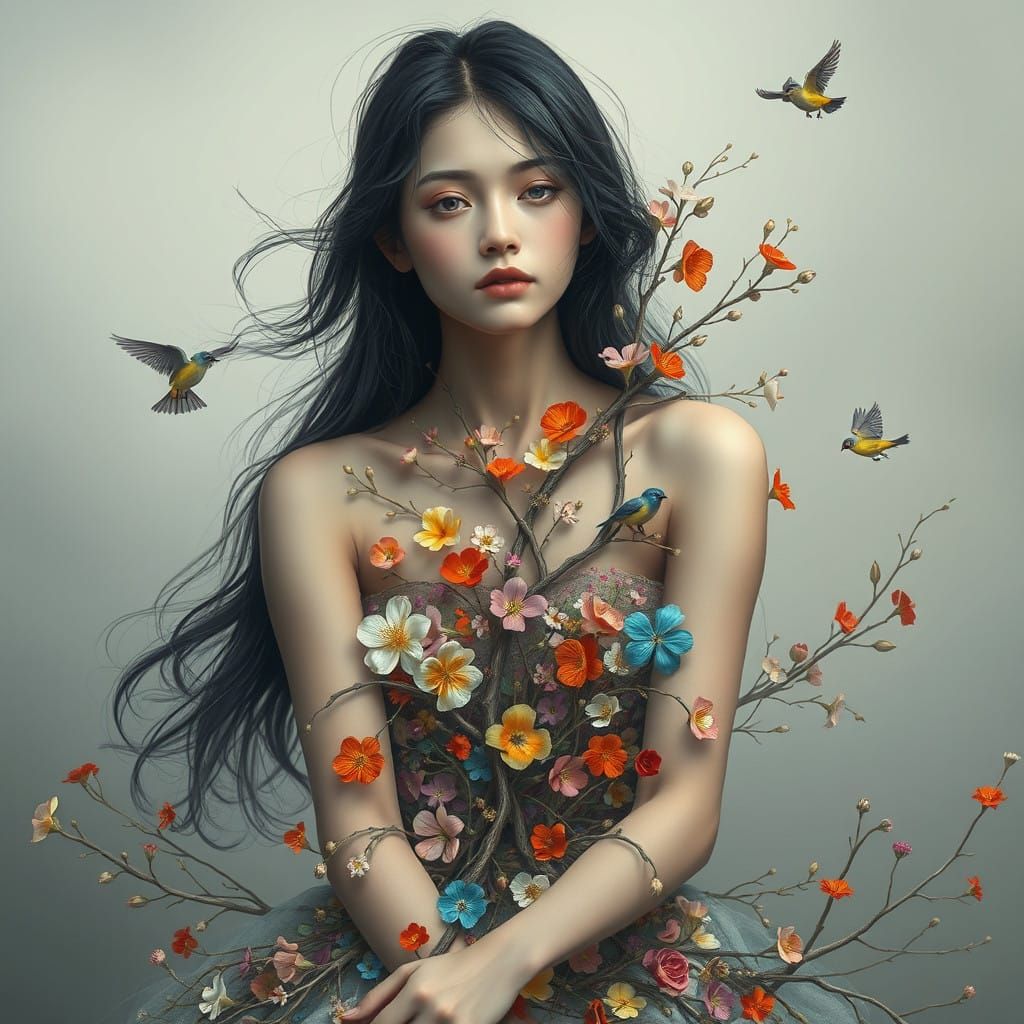 ,A woman, light-skinned and seemingly in her late twenties to early thirties, is depicted as if composed of branches and...